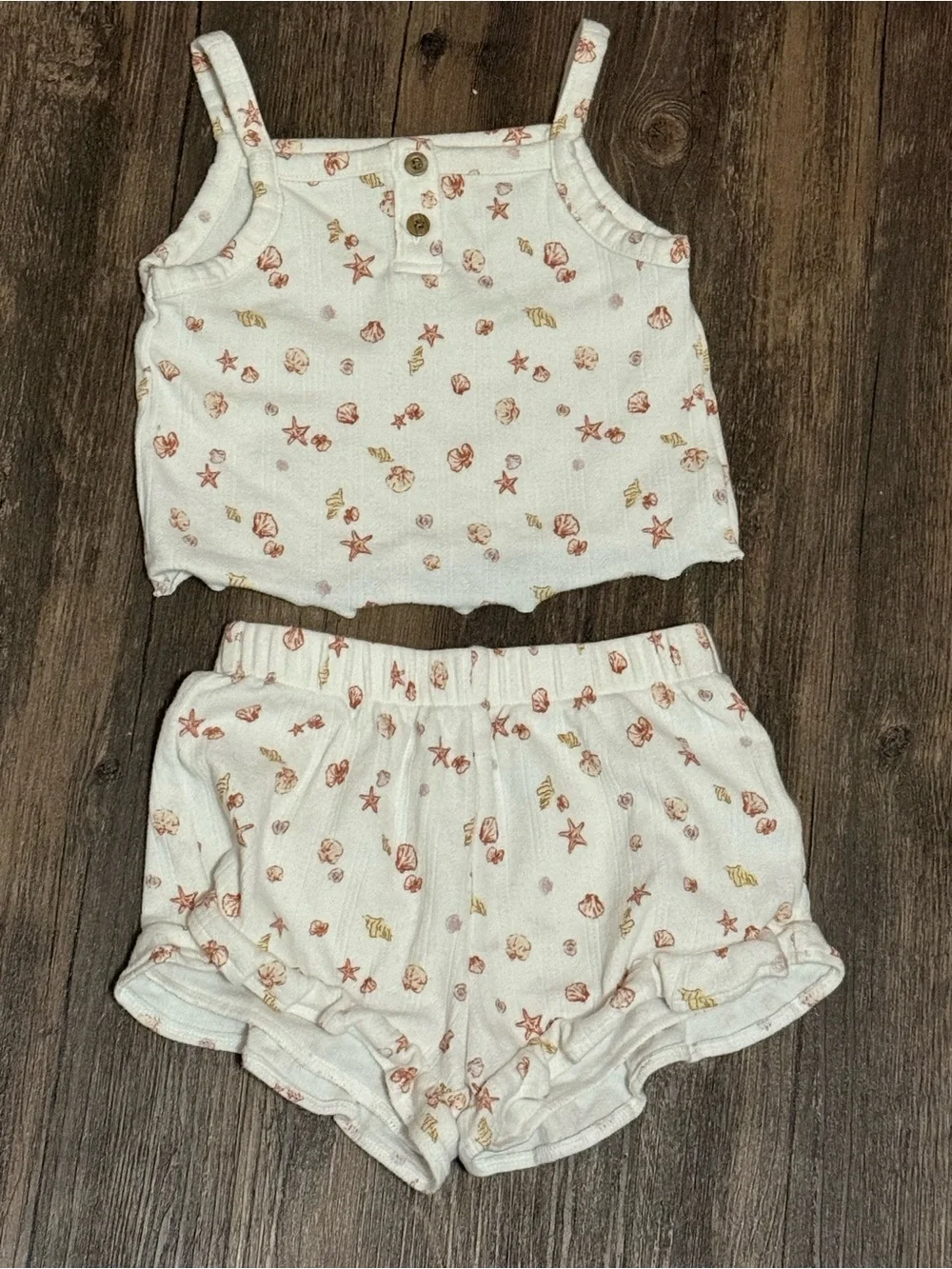 cloud island White Tank & Shorts Set with Coral and Yellow Shell Print